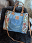 Crimson Glade tote bag: upcycled denim patchwork with floral canvas panels