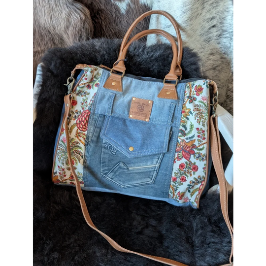 Crimson Glade tote bag: upcycled denim patchwork with floral canvas panels