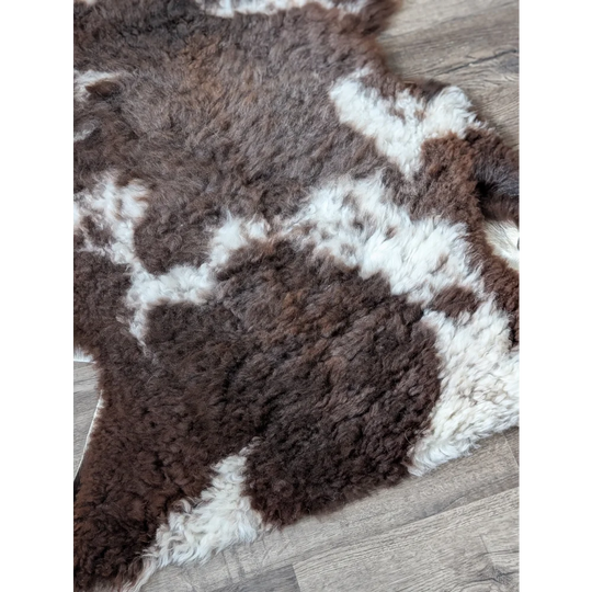 Fluffy cloud like oeko tex sheepskin rug, brown white curly 42.5x29.5