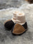 Fabulous sheepskin baby booties with patchwork design and stretchy fabric cuffs