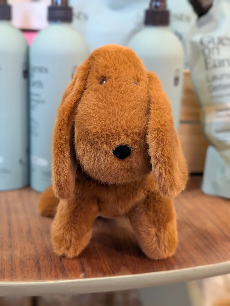 A plush tan dachshund toy with long floppy ears and black nose perfect for kids or dog lovers
