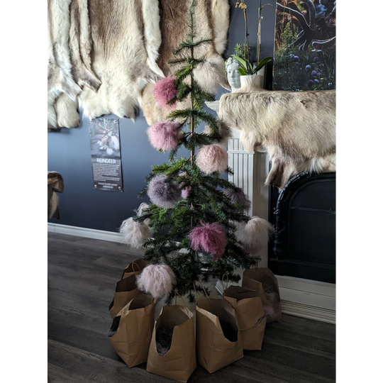 Dark grey sheepskin pom pom on Christmas tree