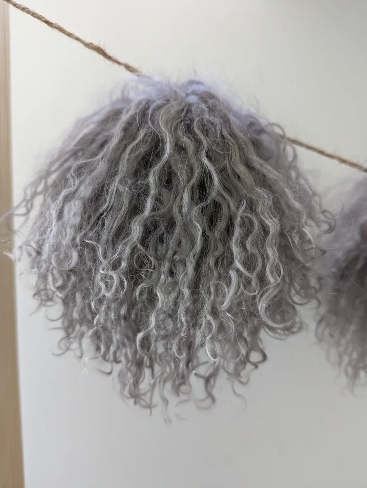 Gray curly hair wig in dark mushroom sheepskin pom poms