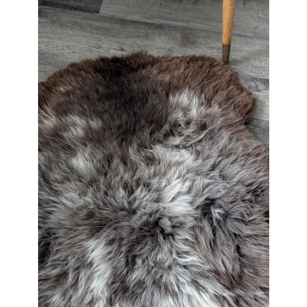 Gorgeous fluffy rare British sheepskin rug, 44x35, dark brown to light gray gradient