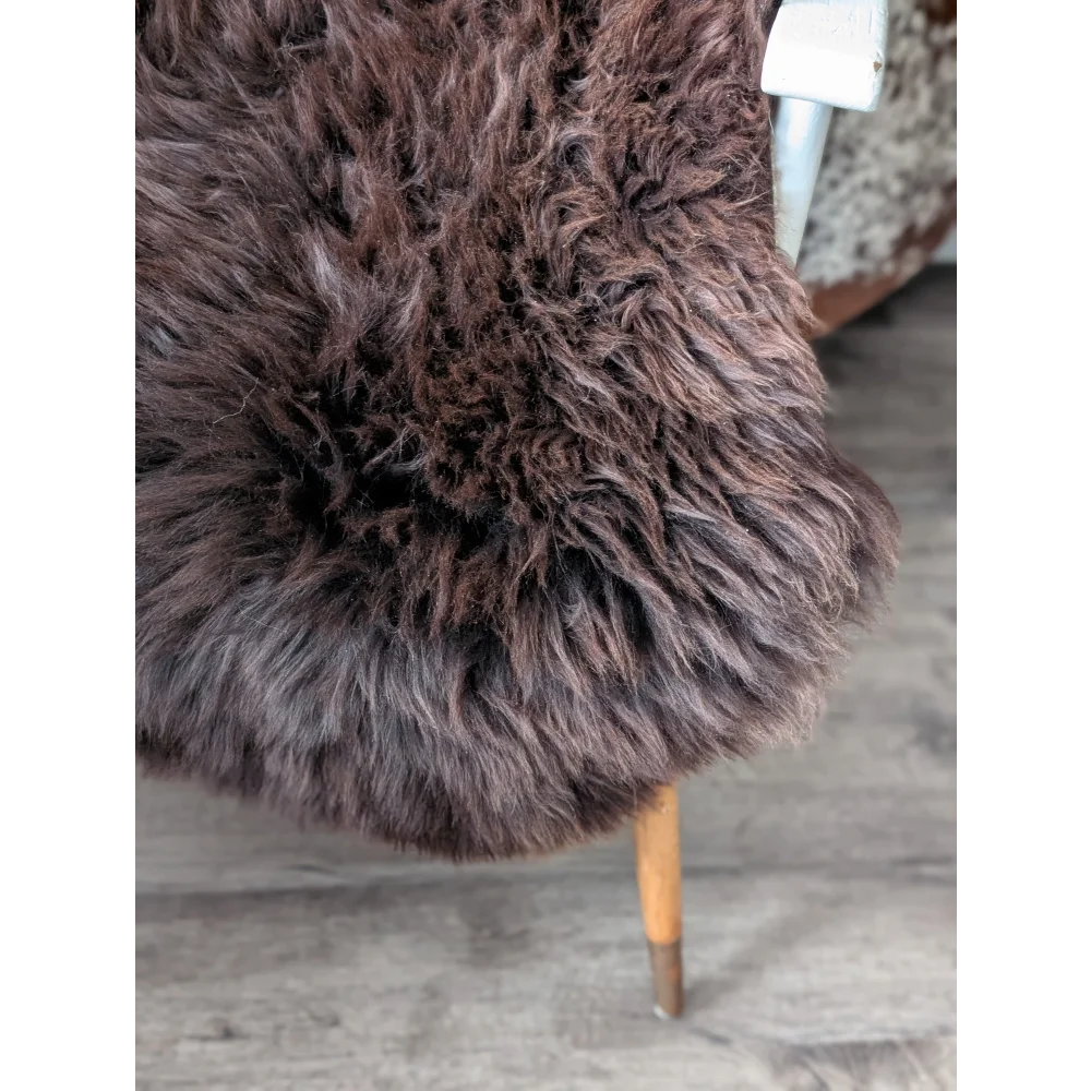 Gorgeous fluffy rare British sheepskin rug, 45.5’’ x 29’’ plush dark brown curly texture