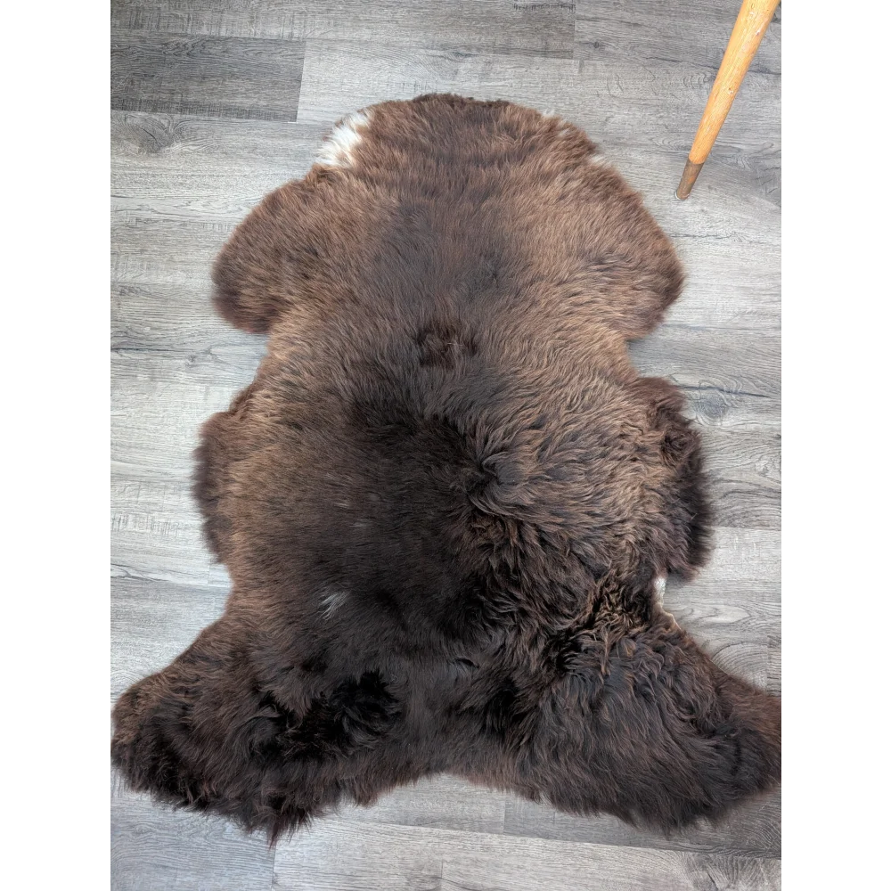 Gorgeous fluffy rare British sheepskin rug, 44x33 plush brown with white patches