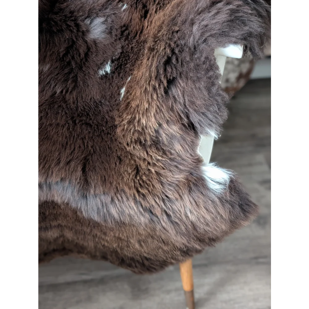 Gorgeous 44x35 fluffy rare British sheepskin rug in plush dark brown faux fur