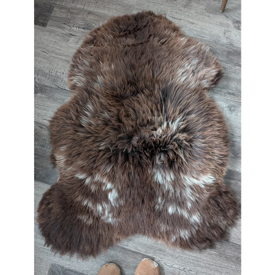 Gorgeous 46x31 fluffy rare British sheepskin rug with white markings