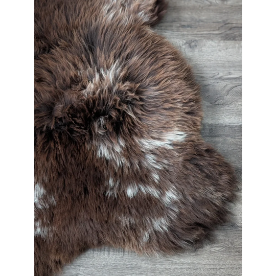 Gorgeous 46x31 fluffy rare British sheepskin rug in brown white fur