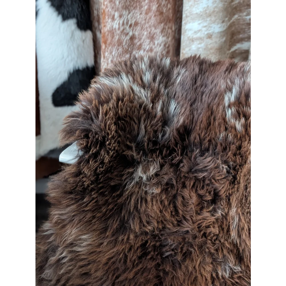 Gorgeous fluffy rare British sheepskin rug, 46x31 plush brown and white shaggy texture