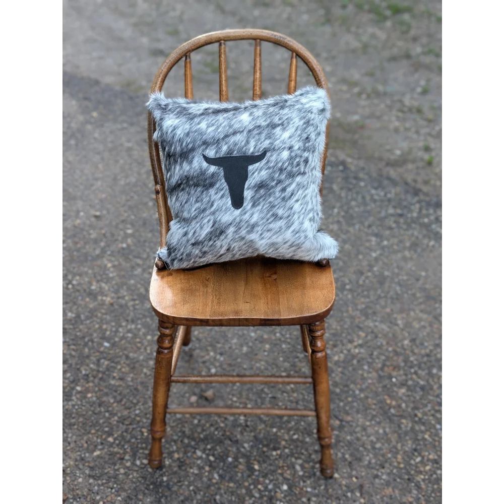 Gray and white double sided cowhide cushion with black bull silhouette from mini moo double collection