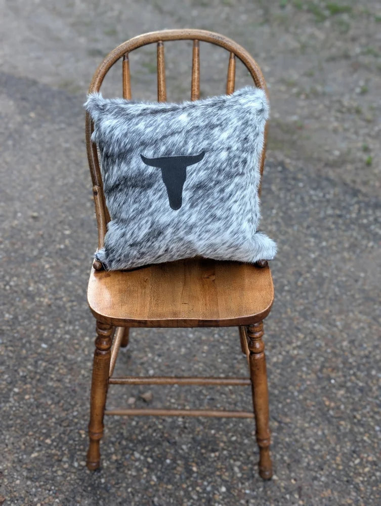 Gray and white double sided cowhide cushion with black bull silhouette from mini moo double collection