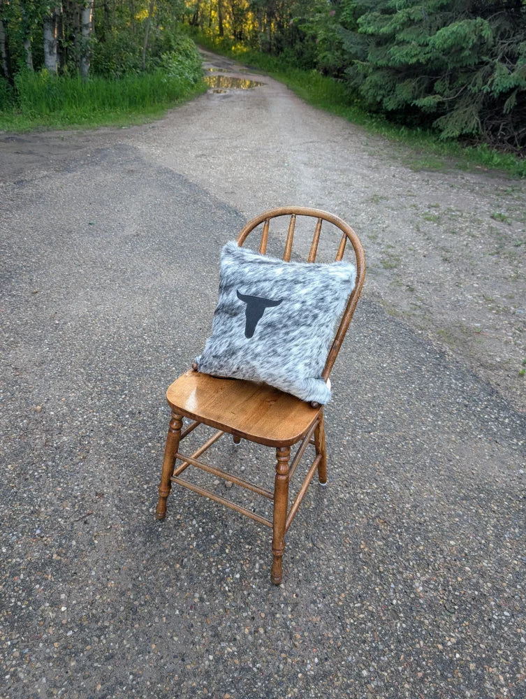 Gray and white double sided cowhide cushion with black bull silhouette mini moo double design