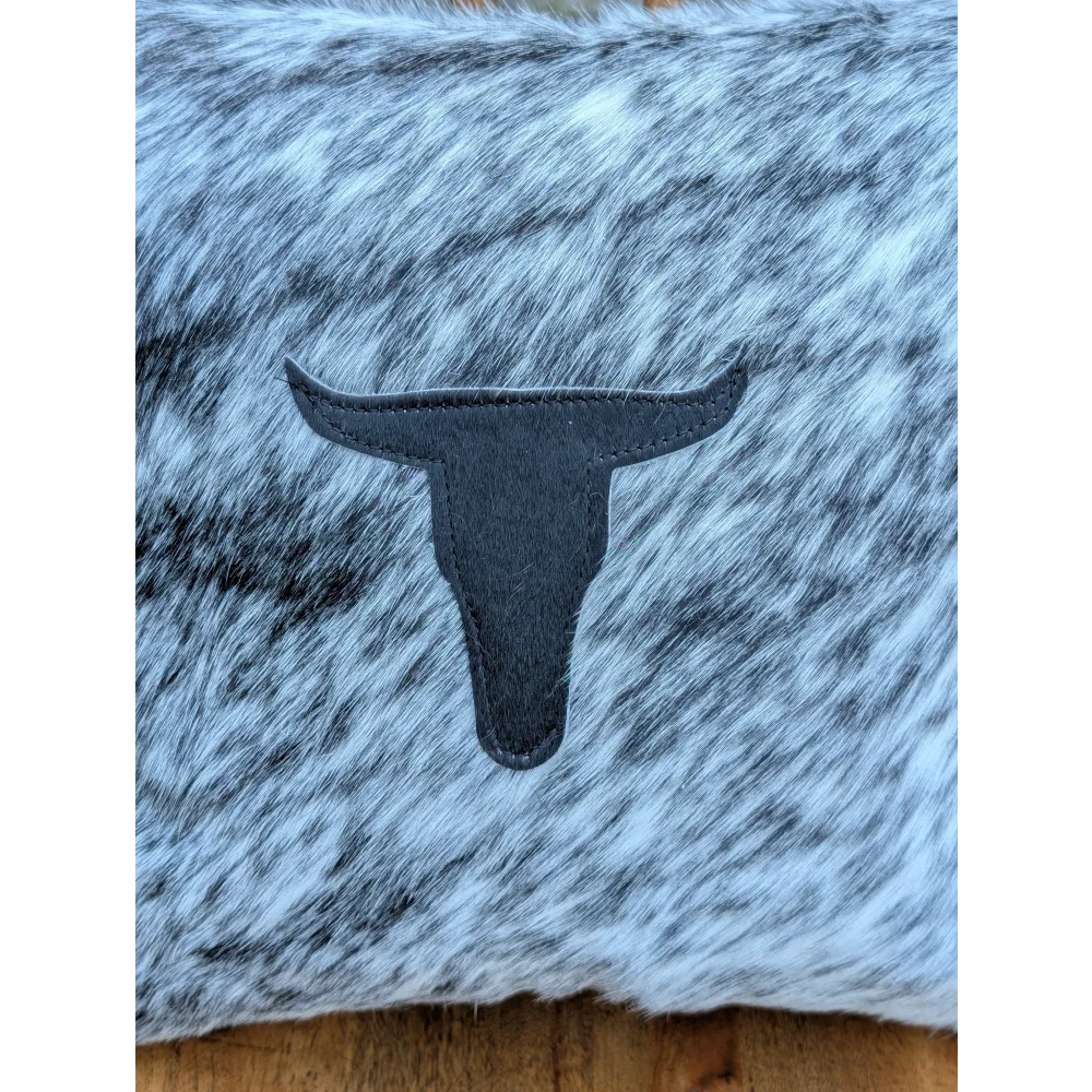 Black leather texas longhorn skull patch on gray and white double sided cowhide cushion by mini moo double