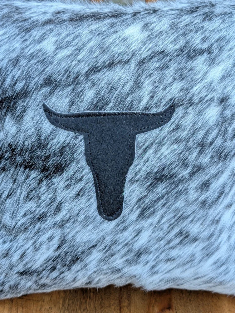 Black leather texas longhorn skull patch on gray and white double sided cowhide cushion by mini moo double