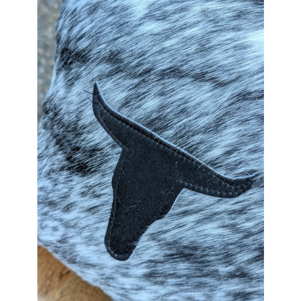 Black leather texas longhorn head patch on blue white speckled mini moo double sided cowhide cushion