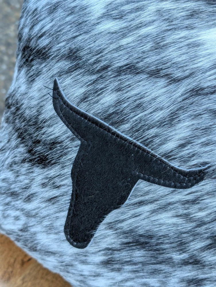 Black leather texas longhorn head patch on blue white speckled mini moo double sided cowhide cushion