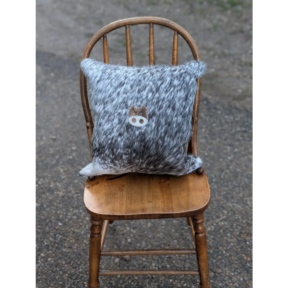 Gray and white double sided cowhide cushion mini moo with brown felt pig face appliqué on speckled cowhide
