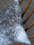 A plush gray and white double sided cowhide cushion mini moo with black zipper on speckled cowhide material