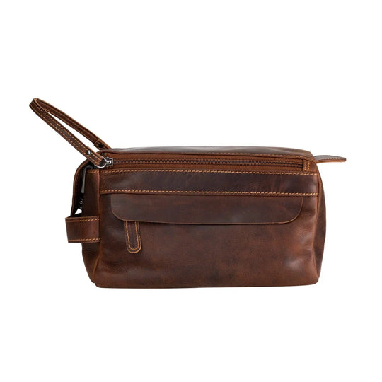 Brown leather travel wash bag Darwin TB797 with top zipper and flap pocket