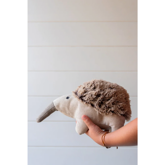 Elliot the echidna plush toy with beige sheepskin body and textured brown back by Angus Oliver Canada