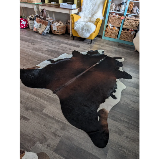 Natural large cowhide rug es04 with a beautiful black white and brown pattern perfect for stylish home decor