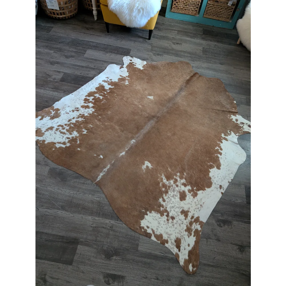 Es07 large cowhide rug 72 x 70 inches with brown and white irregular patches, perfect among beautiful rugs