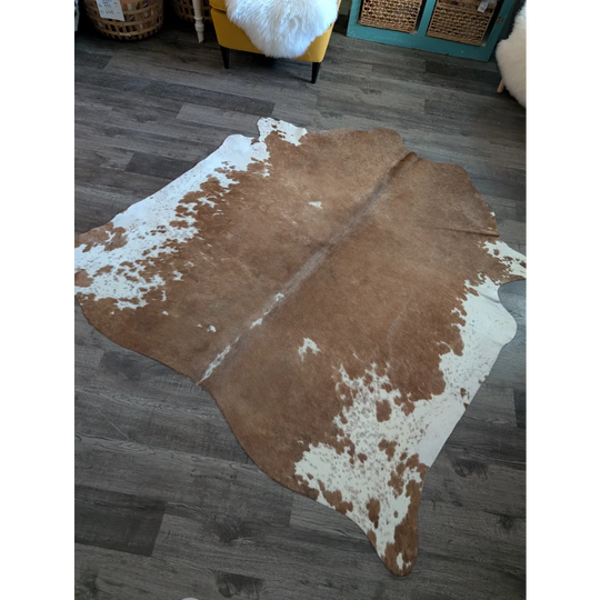 Es07 large cowhide rug 72 x 70 inches with brown and white irregular patches, perfect among beautiful rugs