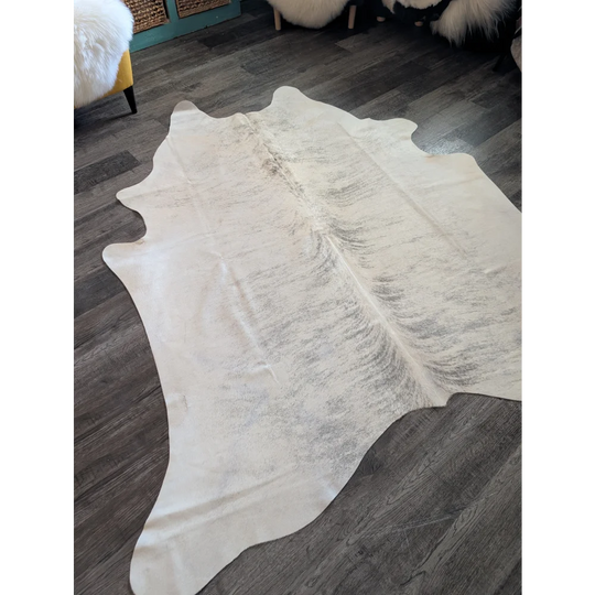 Large cowhide rug es11 with natural white base and subtle grayish brown marbled pattern perfect for beautiful rugs