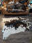 Large cowhide rug es#706 with unique black and white spotted pattern measuring 78 by 68 inches