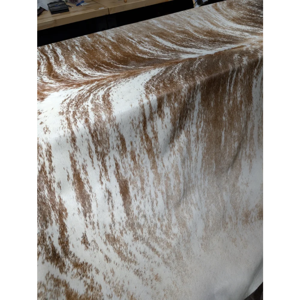 Extra large cowhide rug in white and brown speckled textured cotton fabric, 102x91 inches