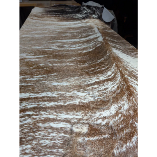 Extra large cowhide rug, brown and white textured pattern, 102x91 inches