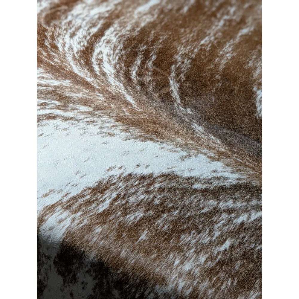 Extra large cowhide rug with brown and white intricate patterns, 102x91 inches