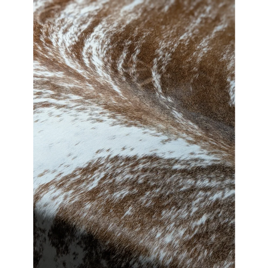 Extra large cowhide rug with brown and white intricate patterns, 102x91 inches