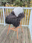A sleek white chair with light wood legs draped in a plush black icelandic sheepskin for cozy seating