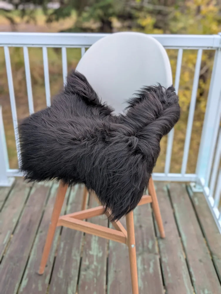 Black icelandic sheepskin chair throw draped over white chair with wooden legs perfect as sheepskin chair squares
