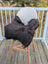 Black icelandic sheepskin chair throw draped over white chair with wooden legs perfect as sheepskin chair squares