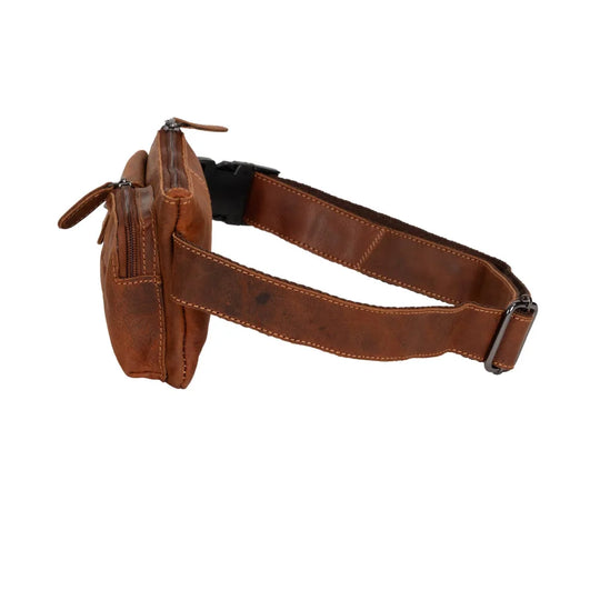 Brown wax pull-up leather bum bag Kakadu with zippers and strap
