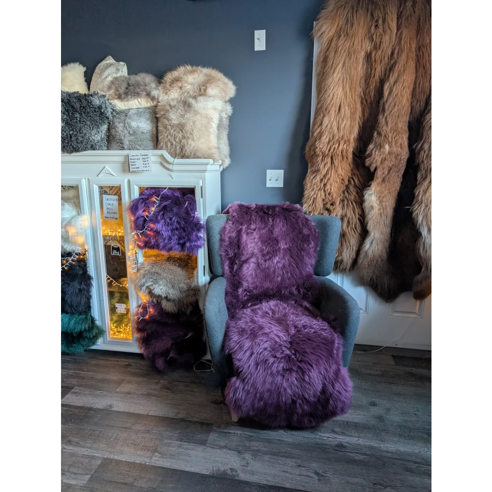 Plush plum purple faux fur throw from gorgeous merino sheepskins