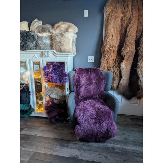 Plush plum purple faux fur throw from gorgeous merino sheepskins