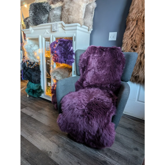 Gorgeous plum purple merino sheepskin throw, plush and eco-friendly