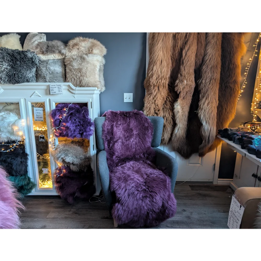 Plum purple shaggy faux fur throw, gorgeous merino sheepskin style