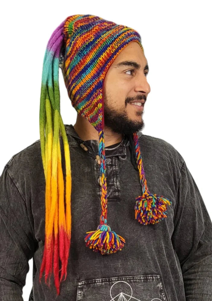 Fabulous wool rainbow rasta hat with slouchy rainbow stripes, tassels, pom-poms, and felted wool dreads