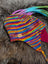 Colorful knitted rainbow rasta hat with earflaps and braided ties for a fun look