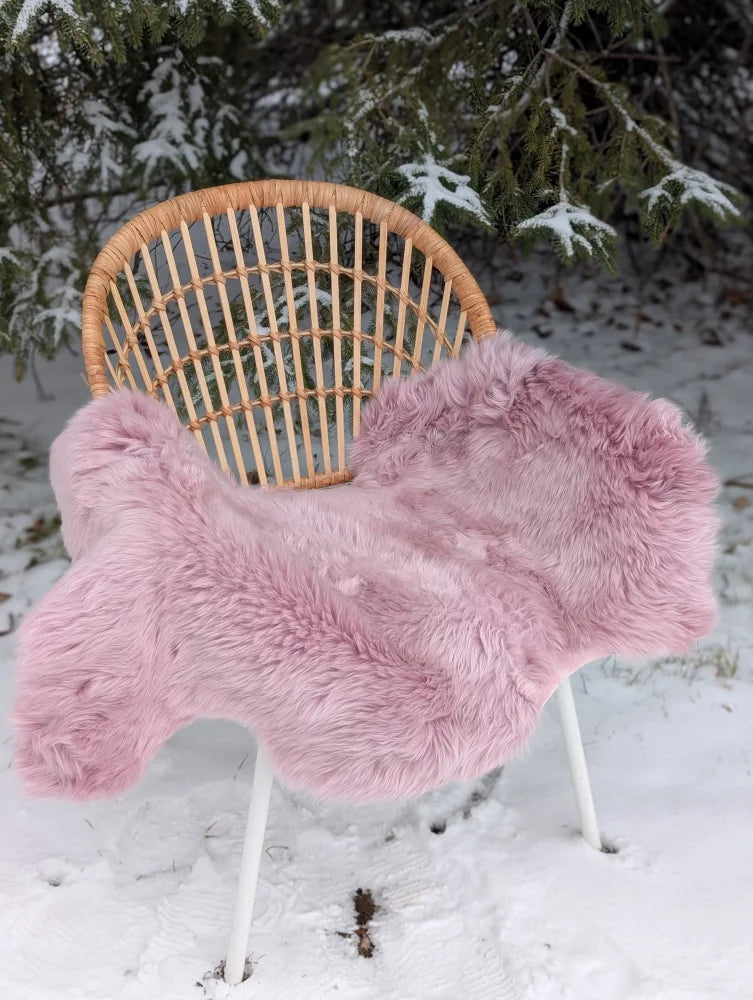 A soft fluffy pink merino sheepskin throw draped over a wicker chair perfect for cozy decor and reach standards