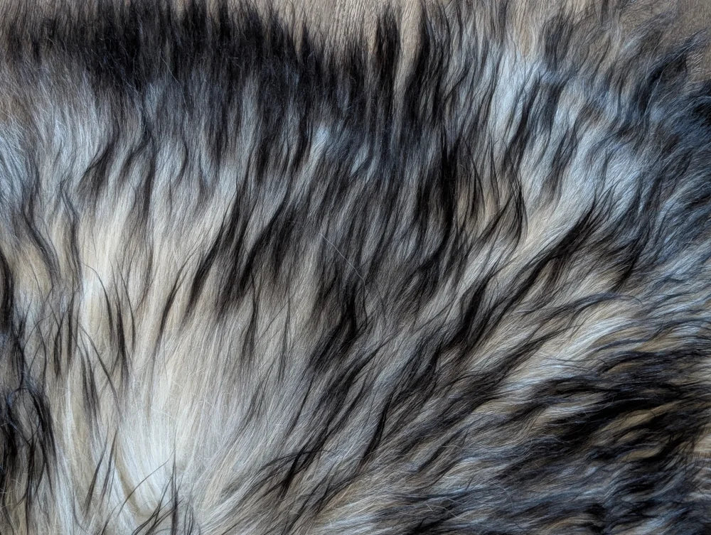 A plush long wool icelandic sheepskin in natural gray with black white strands perfect for cozy decor