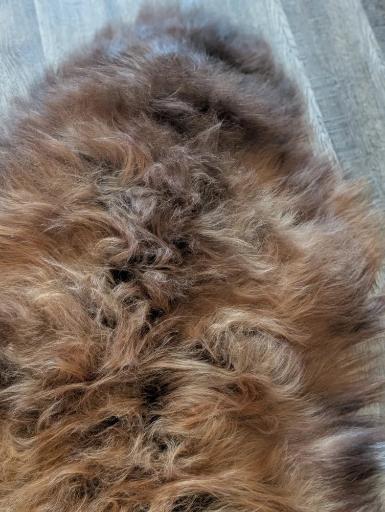 A plush icelandic sheepskin rug in natural dark rusty brown with thick curly wool icelandic texture 58 by 33 inches