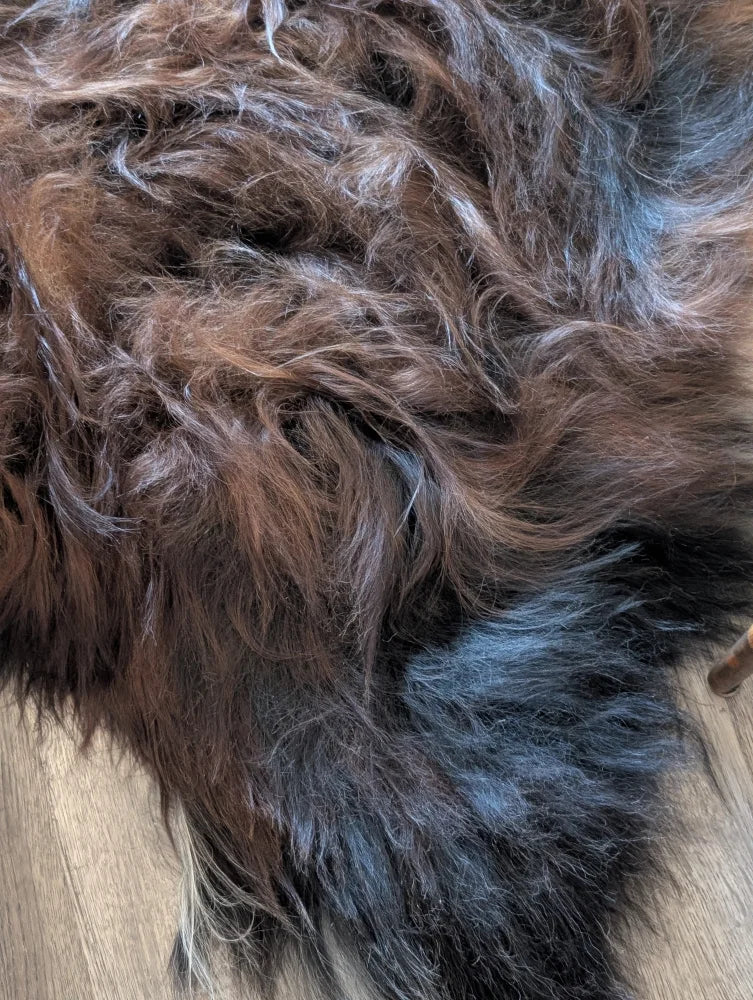 A plush wool icelandic sheepskin rug with a shaggy natural gradient of brown and black strands measuring 57 x 40 inches
