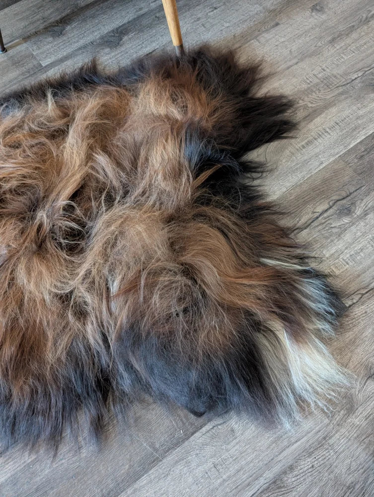 A plush multicolored icelandic sheepskin rug in dark rusty hues on a wooden floor perfect for cozy spaces