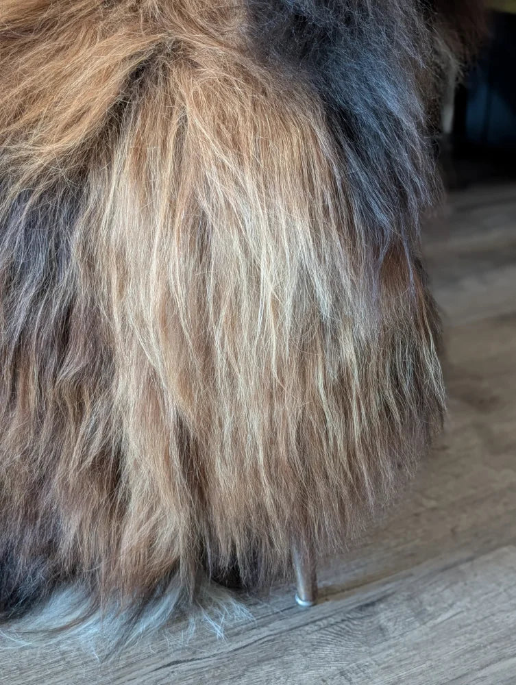 A plush icelandic sheepskin with long brown and black wool in natural dark rusty tones, perfect for cozy decor
